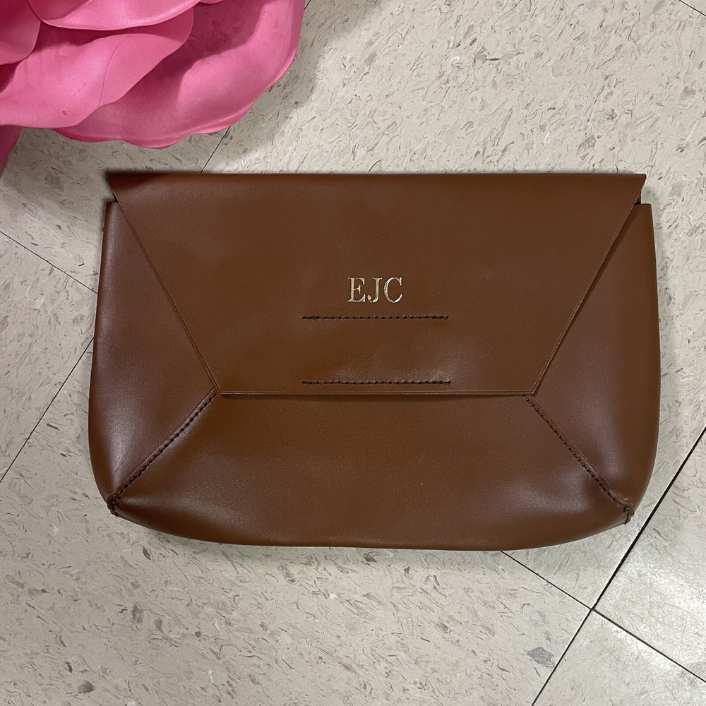 J CREW Brown Smooth Leather Structured Flap Closure Envelope Clutch Monogrammed